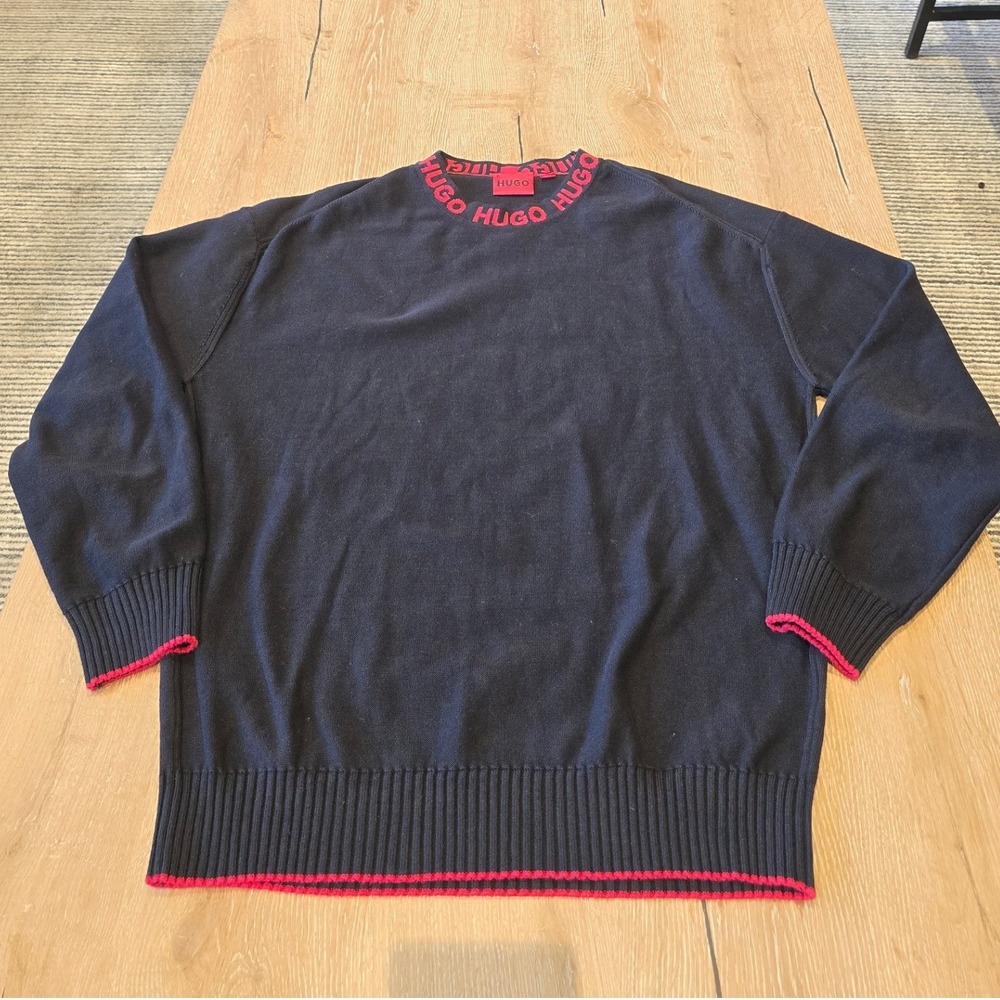 Hugo Boss Mens Knit Sweater Medium Black‎ Smarlo Logo Collar Style Crew Neck